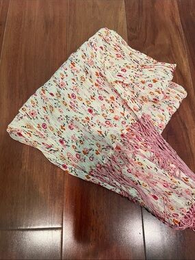 Cute Straight Floral Scarf with Pink Fringe